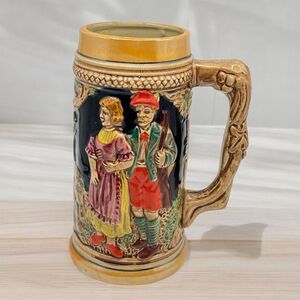 Napcoware German Style Beer Stein Japan Ceramic Relief Alpine Scene 7" Vintage